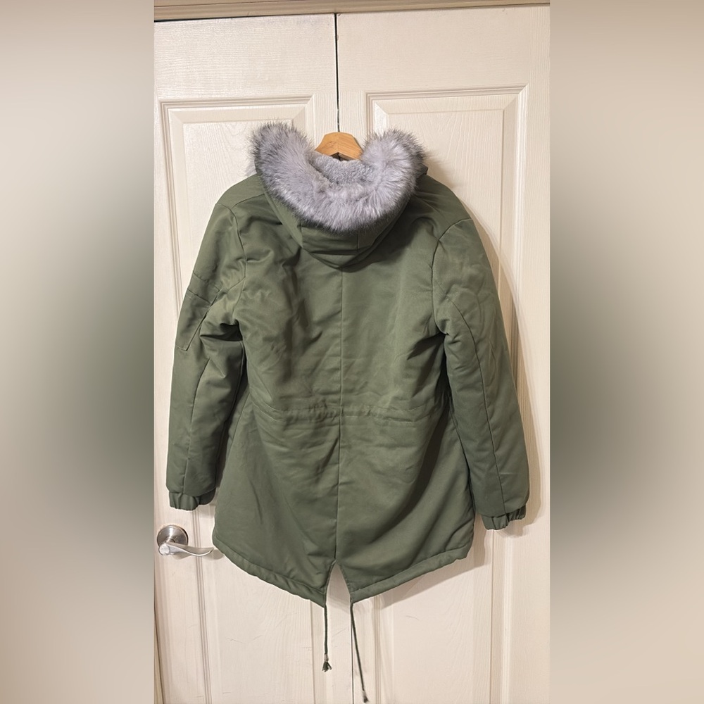 SHEIN Green Parka with Faux Fur Hood
